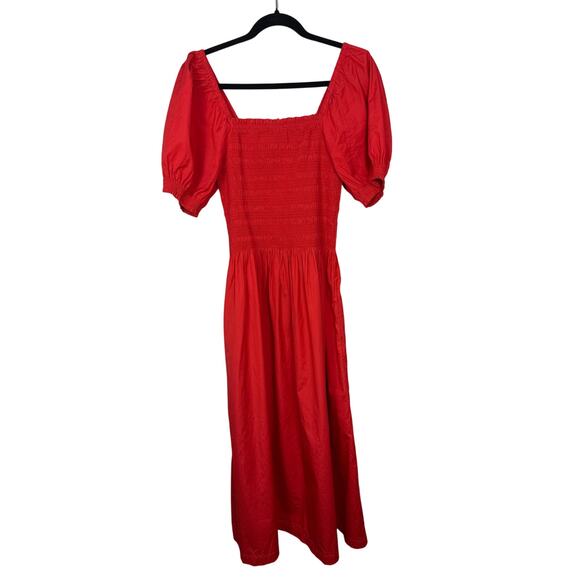 Madewell NWT Women’s Red Smocked Puff Sleeve Midi Dress in Poplin size Small - Picture 2 of 9